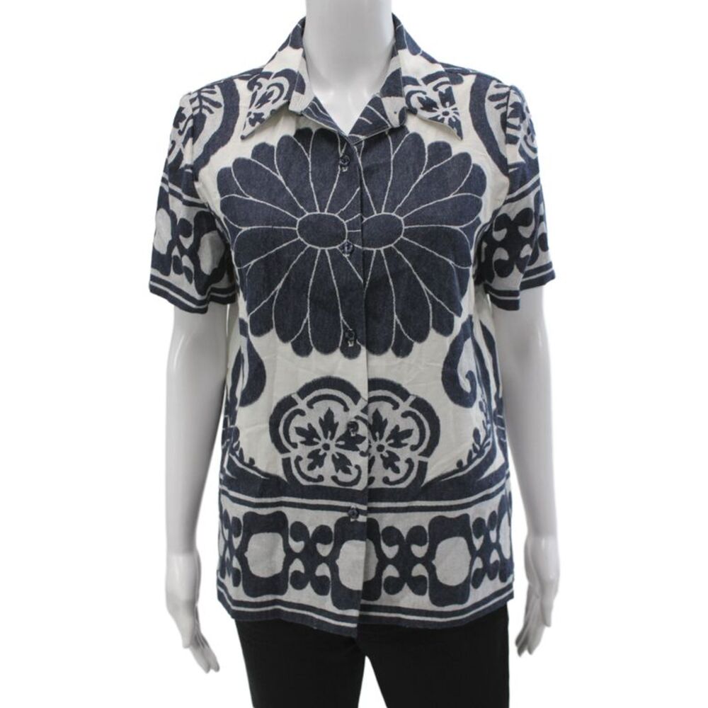 Trina Turk Womens Basic Floral Collared Blue Button-Up Short Sleeve Size S